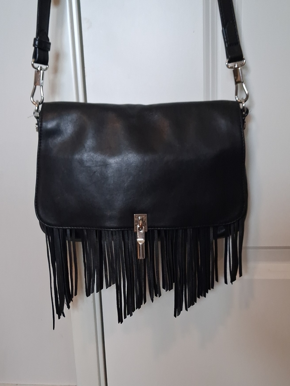 Elizabeth and James Black Leather Fringe Flap Crossbody Bag